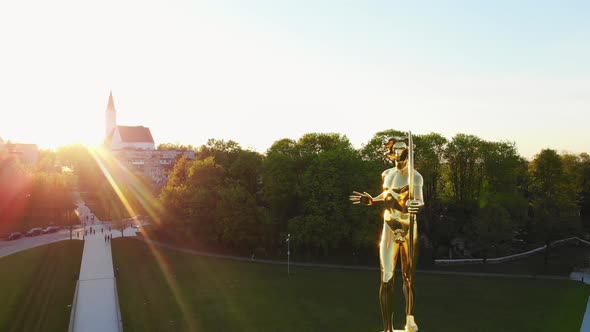 Slow Motion Cinematic Close Up Golden Boy Monument