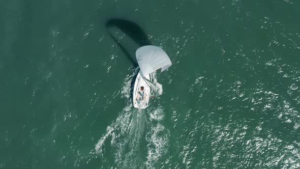 Cinematic Overhead View on White Private Sailing Craft in San Francisco Bay