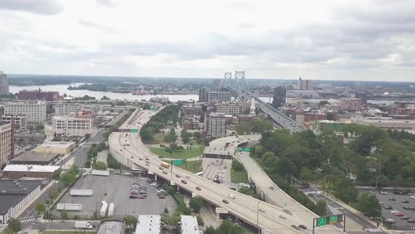 overlooking wide drone shot of Old City highway system in Philadelphia.