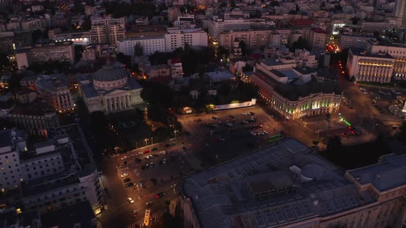 Aerial Shot of Sunset Over the Streets of Bucharest Overlooking the Ateneum