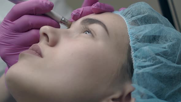 Beauty Salon Visitor in Blue Protective Hat Lies Close View