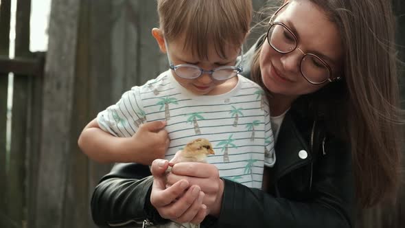 Child and Mother Holding a Chick in Hand in Backyard of Farm