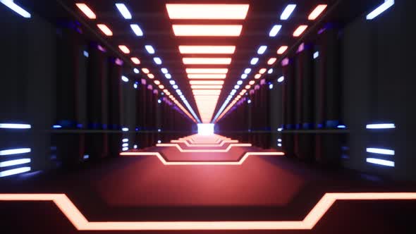 Fly Inside A Futuristic Metal Corridor With Neon Colored Laser Lines 4