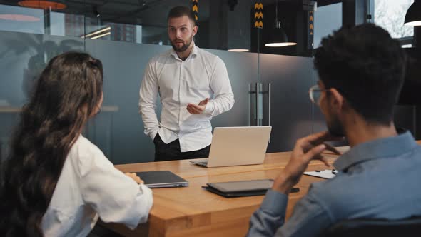 Angry Serious Leader Man Meeting in Office Multiracial Group Colleagues Discuss New Project Boss