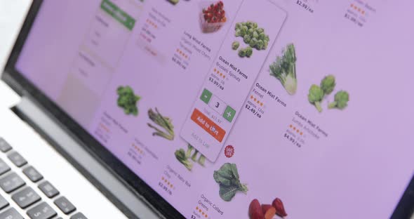 Female Selects Vegetables in Grocery Online Internet Store.