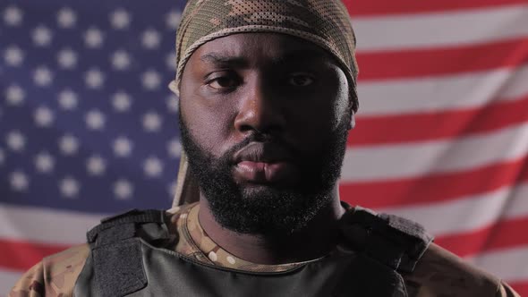 African American Male Soldier Against USA Flag