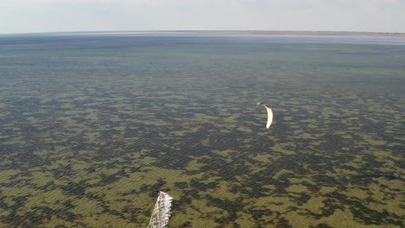 People go kitesurfing on the sea. The wind carries the athlete along the sea waves.