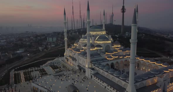 Aerial Drone View of Istanbul Camlica Mosque and Bosphorus. Biggest Mosque in Europa