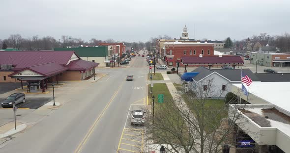 Downtown Ithaca, Michigan droneing up.