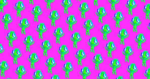 4k motion design. 3d animation seamless pattern. Funny alien in abstract space