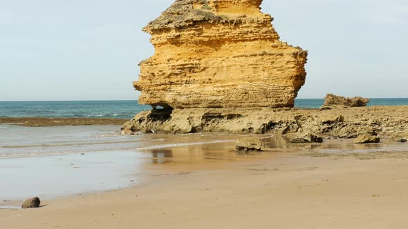 Jagged limestone formation located at an Australian coastal beach. LOW ANGLE. TILT UP.