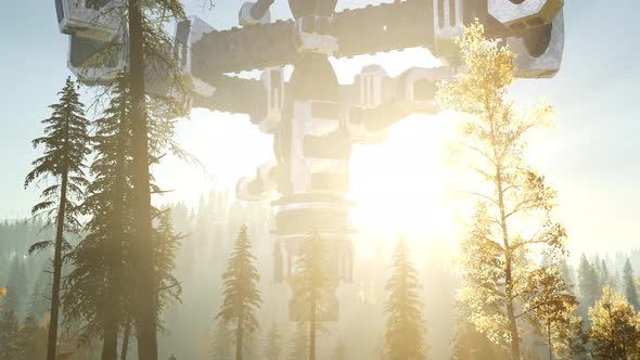 UFO Hovering Over a Forest at Sunset with Light Beam alt