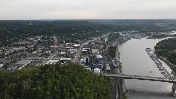 aerial view of Redwing Minnesota, small midwest town by Misisipi river during summer time,