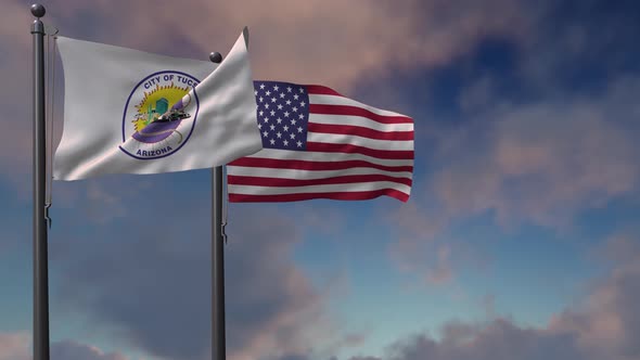 Tucson City Flag Waving Along With The National Flag Of The USA - 4K