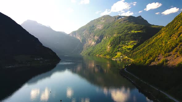 Panoramic drone landscape of Geiranger fjords, Geirangerfjord, Norway