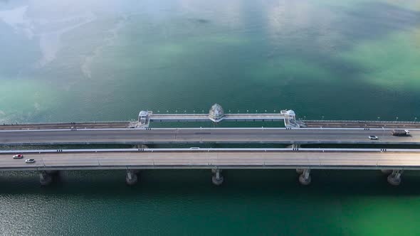 Aerial view top down view Sarasin Bridge transport over sea. Transport concept Phuket Thailand