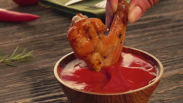 Closeup of a Hand Dipping a Delicious Chicken Wing Into the Ketchup