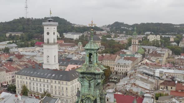 Aerial Drone Video of European City Lviv Ukraine Rynok Square Central Town Hall Dominican Church