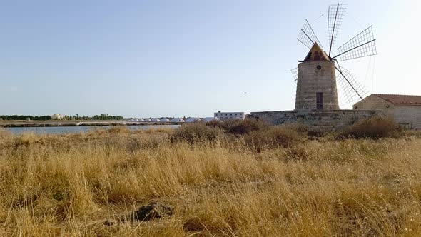 Bird flying over Mulino Maria Stella windmill in front of saline in province of Trapani, Sicily. Ita