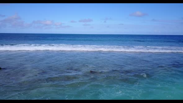 Aerial above landscape of beautiful bay beach wildlife by aqua blue lagoon and white sand background