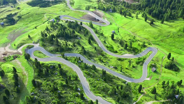 Aerial view of serpentine at Passo Gardena, Dolomites