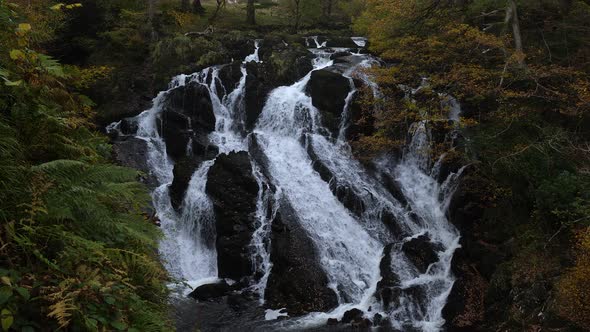 Swallow Falls Waterfall Flowing Down Rockface In North Wales. Locked Off