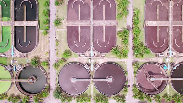 Aerial view High angle view Top down drone shot of the sewage treatment plant