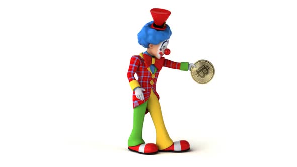 Fun 3D cartoon clown dancing with a bitcoin