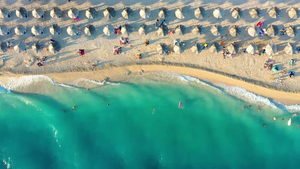 Beach and blue water. Top view from drone at the beach and blue sea.