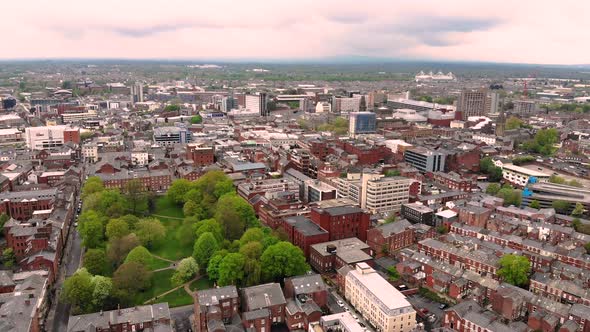 Aerial view of Winckley Square and Preston stadium in the distance