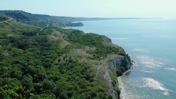 Aerial View Of Coastal Cliff With Lush Vegetation In Heros Beach, Balchik, Bulgaria