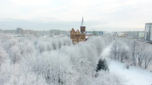 Aerial view of the Cathedral in Kaliningrad in the wintertime