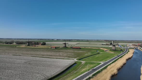 Historic Dutch Windmills in a Farm and Grass Field Landscape in The Netherlands Holland