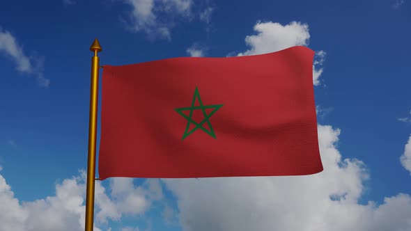 National flag of Morocco waving with flagpole and blue sky timelapse