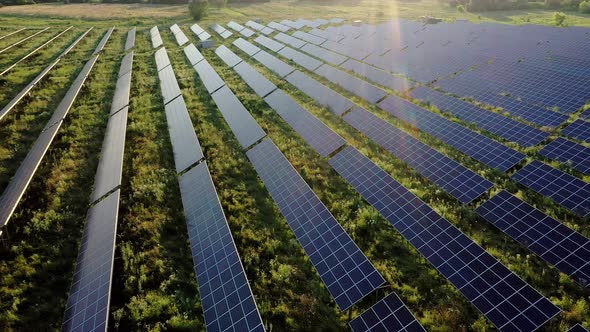 View of a solar power plant, rows of solar panels, solar panels, top view of a solar power plant