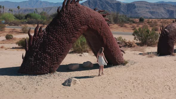 Woman Looking at Metal Sculpture of Dragon in Anza Borrego Desert