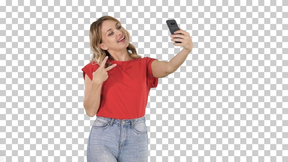Joyous woman 30s wearing red t-shirt taking, Alpha Channel