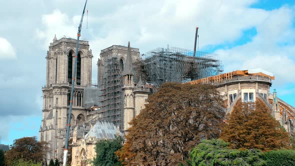 Paris, France - September 2019: Construction Cranes and Scaffolding Around Notre Dame De Paris