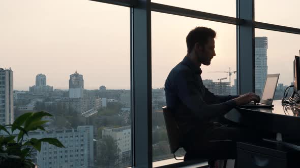 Businessman Workplace In Office On Laptop.Man Office Computer Overtime Deadline Working In Internet.