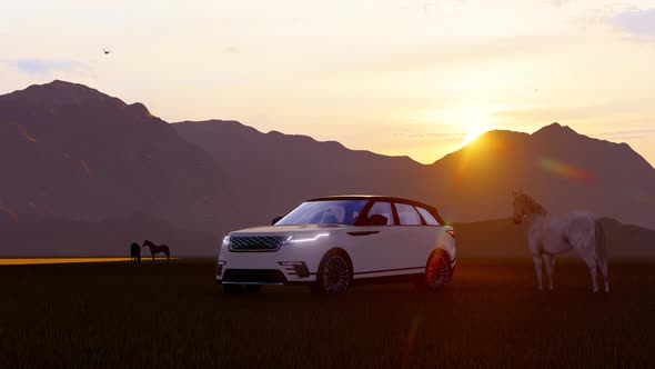 White Luxury Off-Road Vehicle and Horses Standing in Mountainous Area