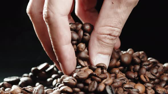 Hand Touching Roasted Coffee Beans