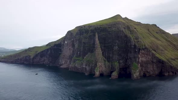 Aerial View of the Witches Finger Trollkonufingur in Faroe Islands