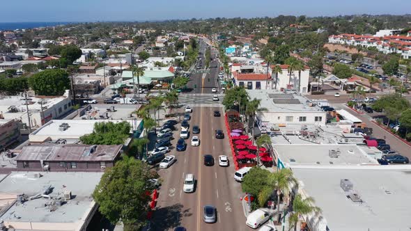 Drone shot over the coastal city of Encinitas in California. Buildings and roads