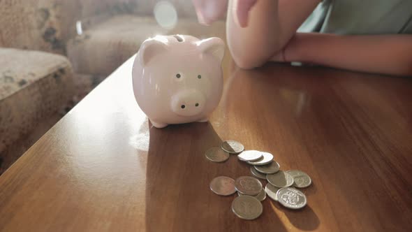 Girl Putting Coin in Piggy Bank Saving Money Concept