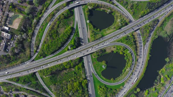 Aerial view of road interchange or highway intersection.