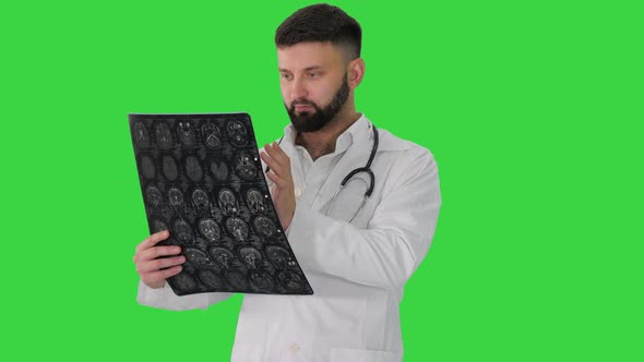 Confident Doctor Working with MRI Scan Results on a Green Screen, Chroma Key.