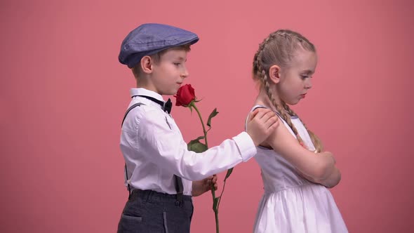 Gentleman Boy With Red Rose Apologizing to Offended Girlfriend, First Love