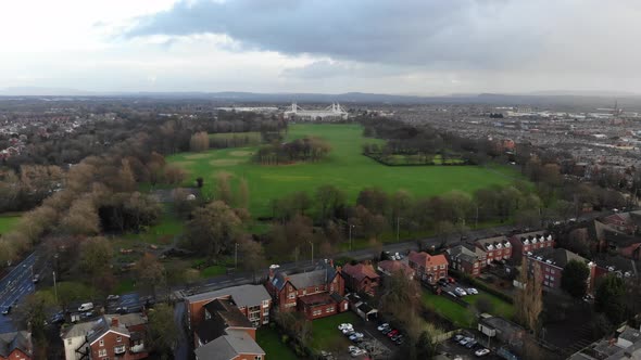An aerial view of Moor Park and Deepdale stadium on a cloudy winter day