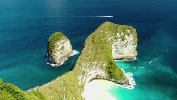 Drone Shot By Drone Ocean with Waves and Rocky Cliff Bali, Indonesia, Beautifulbeach of Kelingking