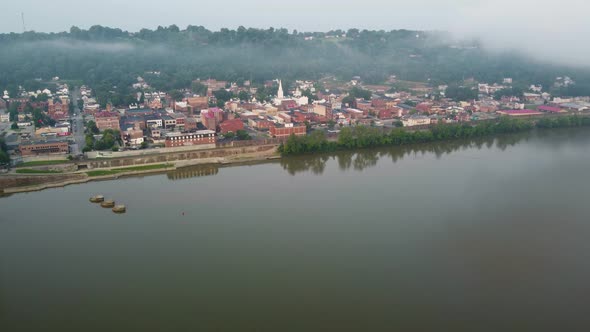 Maysville, Kentucky historic downtown along the Ohio River with the Simon Kenton Memorial Bridge